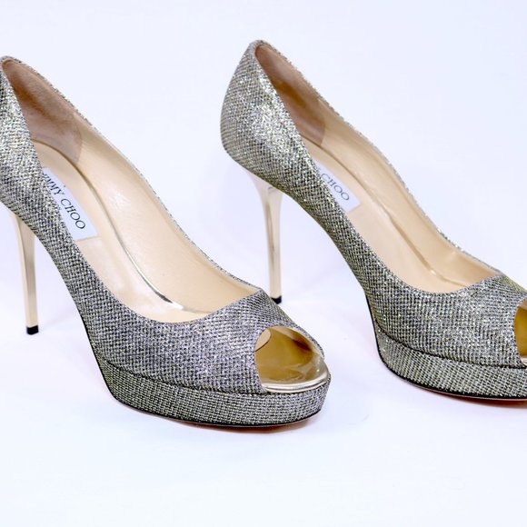 These are Jimmy Choo Metallic Gold Lamè Glitter Fabric Dahlia Platform Peep Toe - Picture 1 of 10